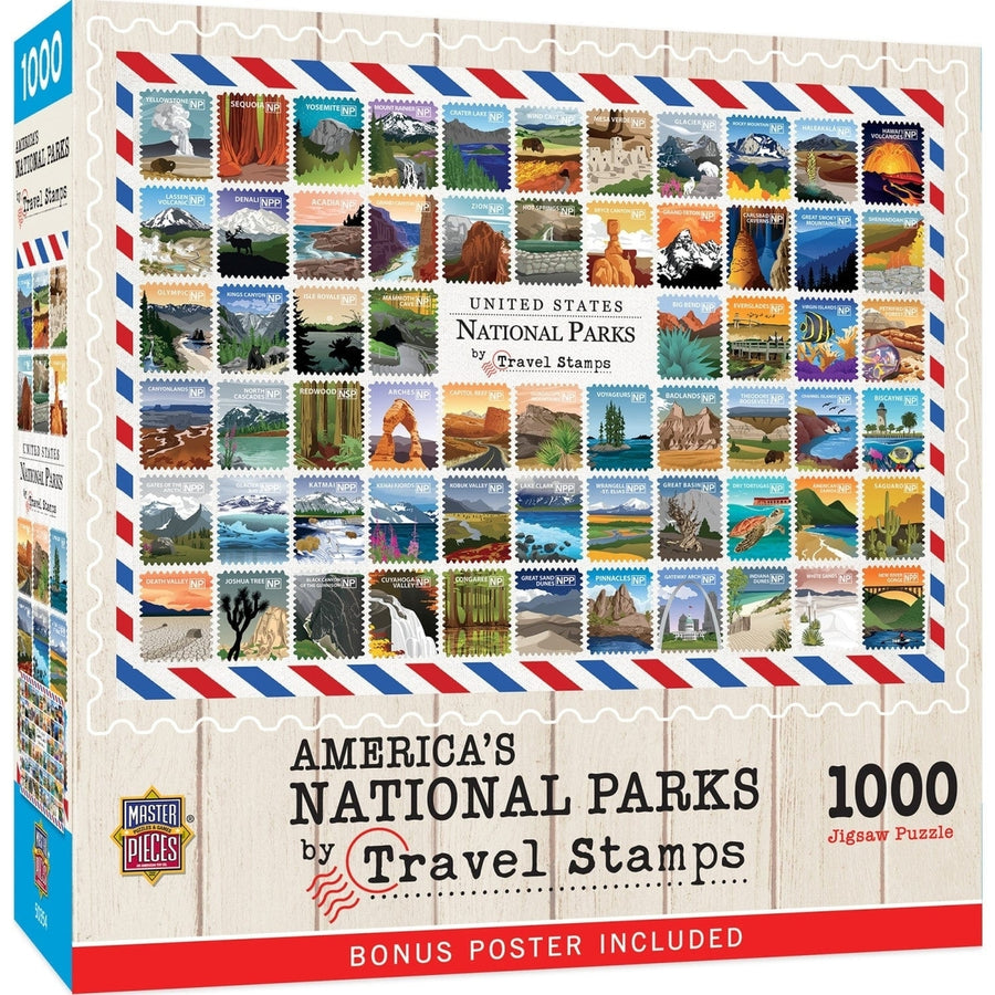 National Parks 1000 Piece Jigsaw Puzzle Travel Stamps Collage Masterpieces Image 1