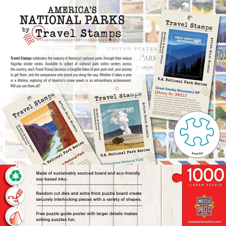 National Parks 1000 Piece Jigsaw Puzzle Travel Stamps Collage Masterpieces Image 3