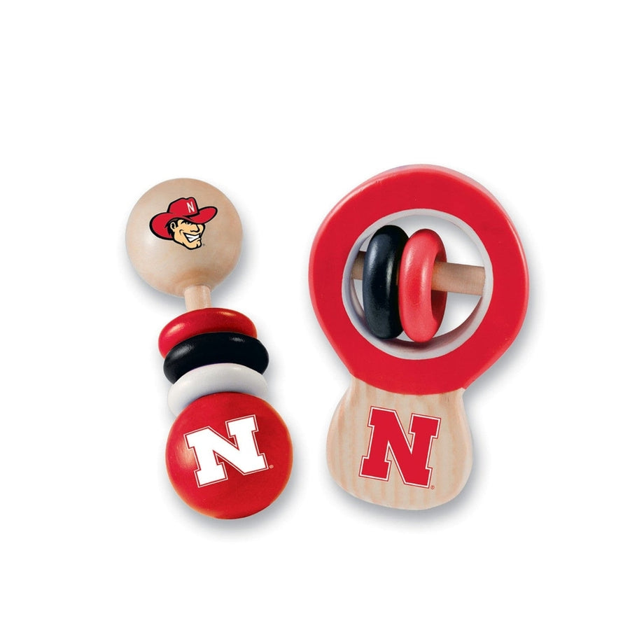 Nebraska Cornhuskers Baby Rattles 2-Pack Wooden BPA Free Safe Development Toys Image 1