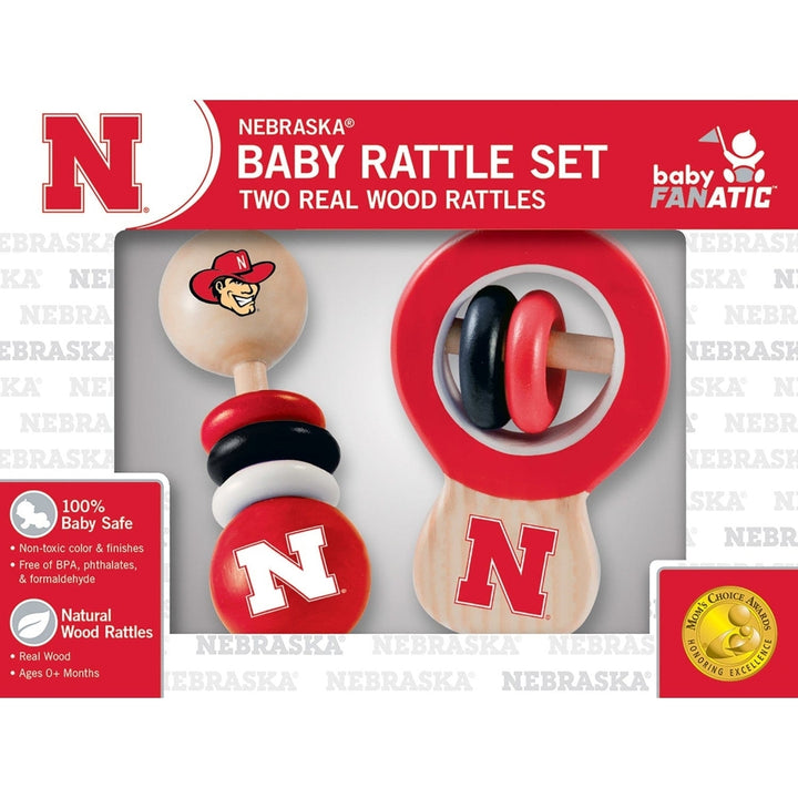 Nebraska Cornhuskers Baby Rattles 2-Pack Wooden BPA Free Safe Development Toys Image 2