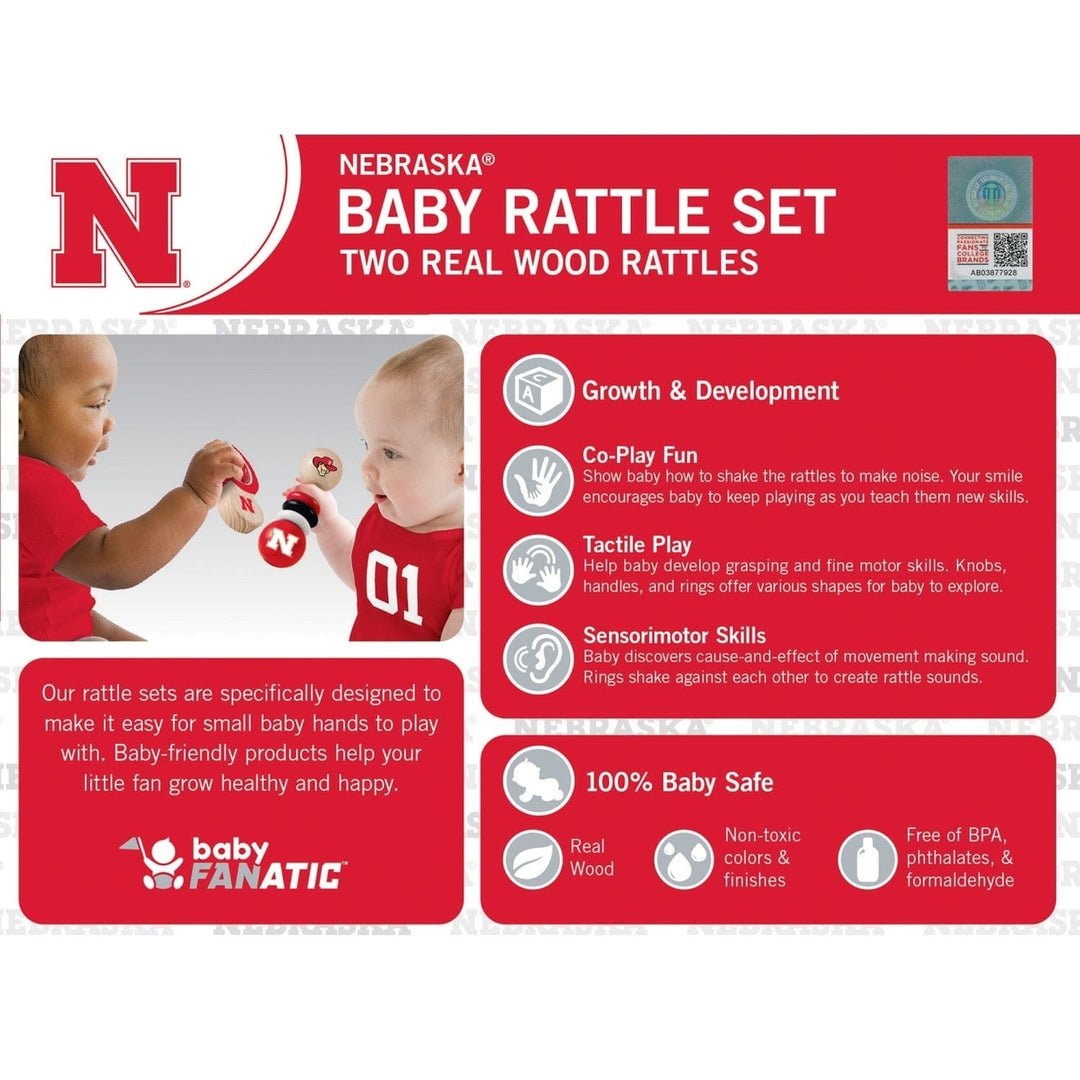 Nebraska Cornhuskers Baby Rattles 2-Pack Wooden BPA Free Safe Development Toys Image 3