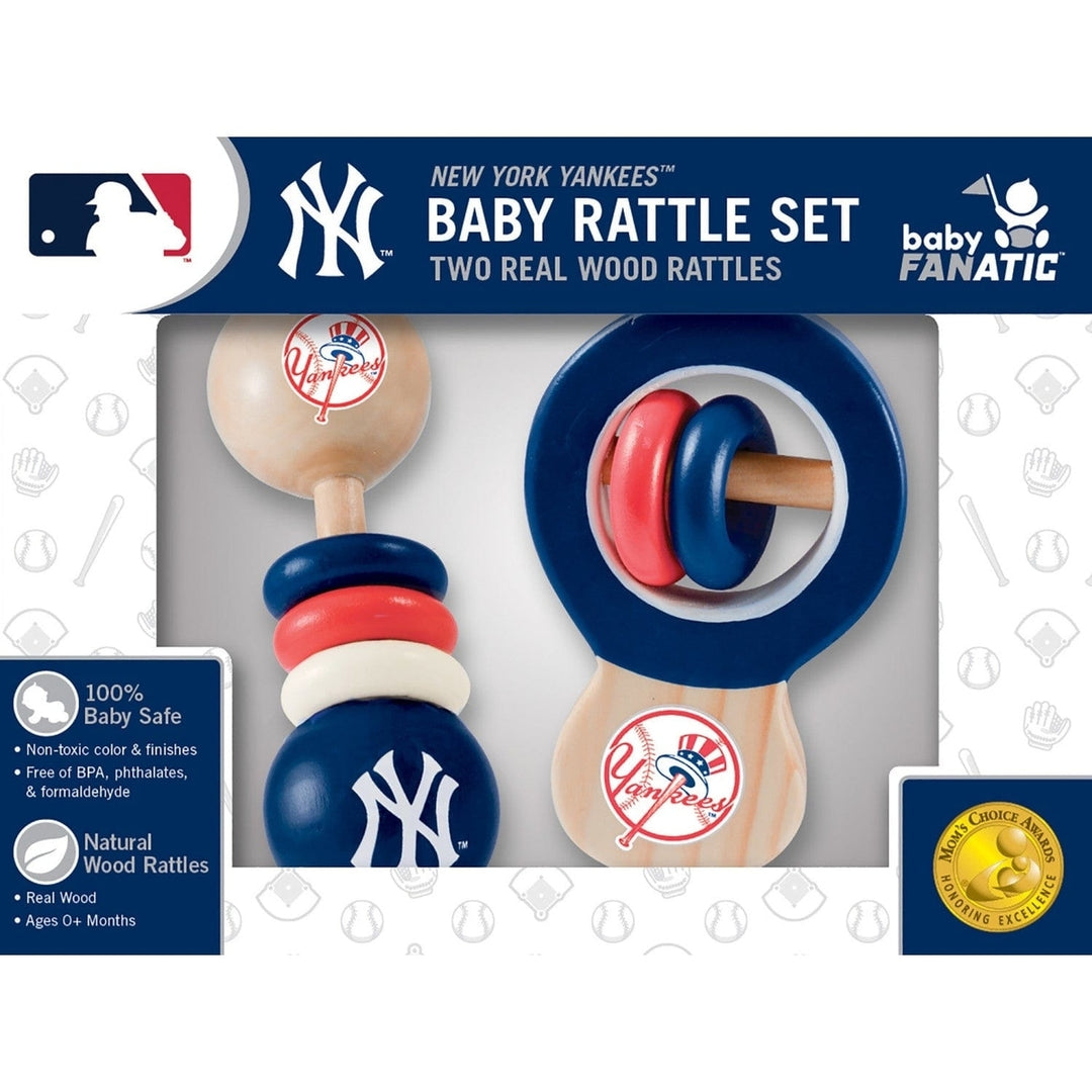 York Yankees Baby Rattles 2-Pack Non-Toxic Wood Toys for Infants Image 2