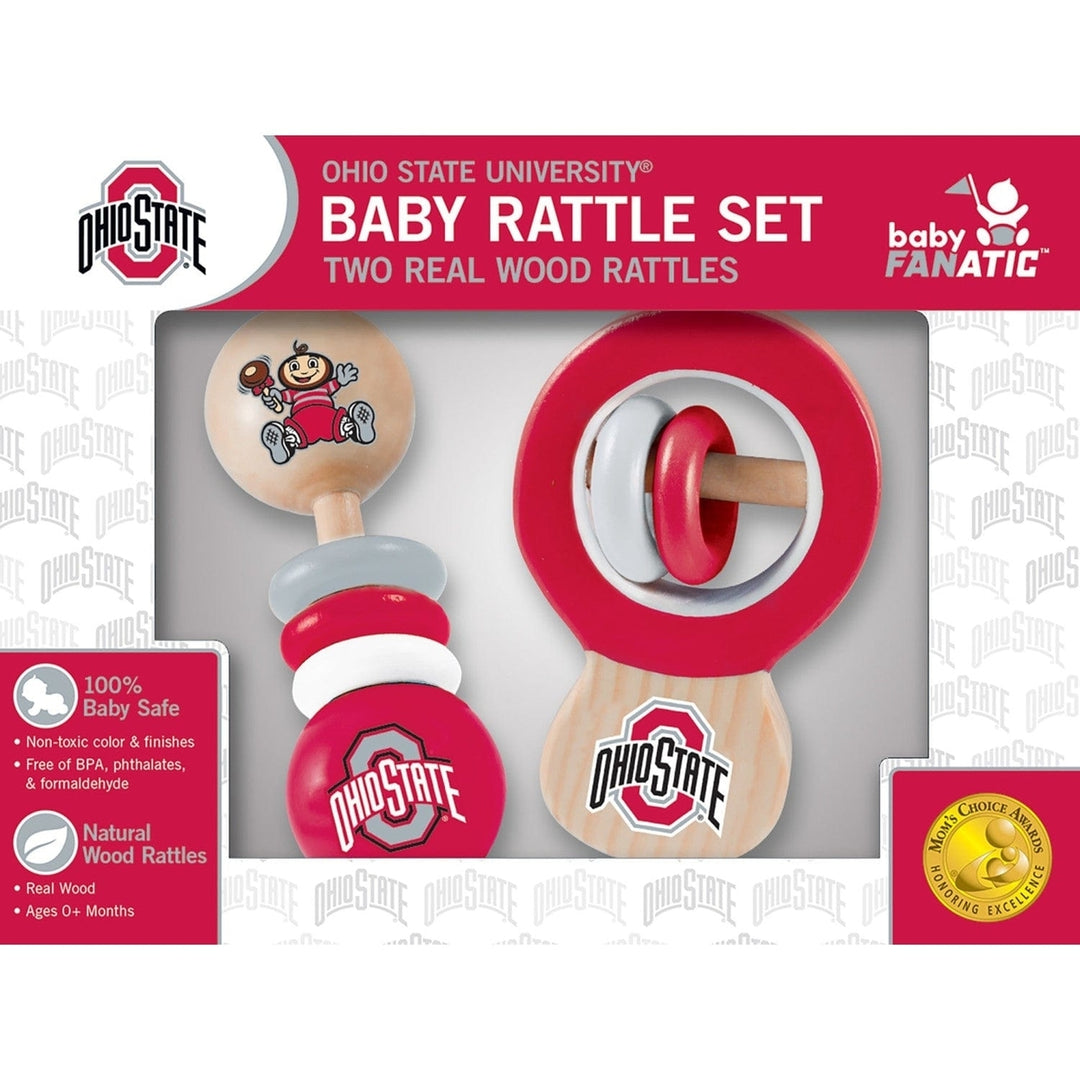 Ohio State Buckeyes Baby Rattle Set 2-Pack Non-Toxic Real Wood Safe Toys Image 2