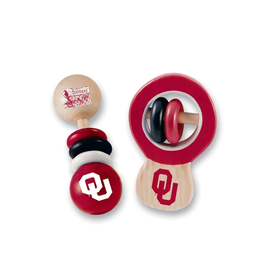 Oklahoma Sooners Baby Rattles 2-Pack Wooden Non-Toxic Developmental Toys Image 1