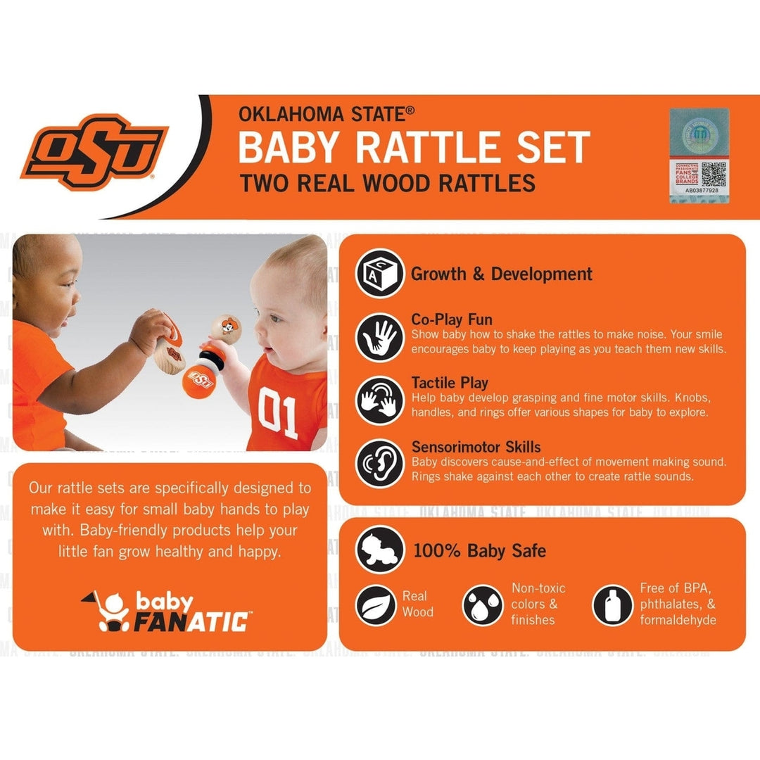 Oklahoma State Cowboys Baby Rattles Set 2-Pack Wooden Safe Non-Toxic Fun Image 3