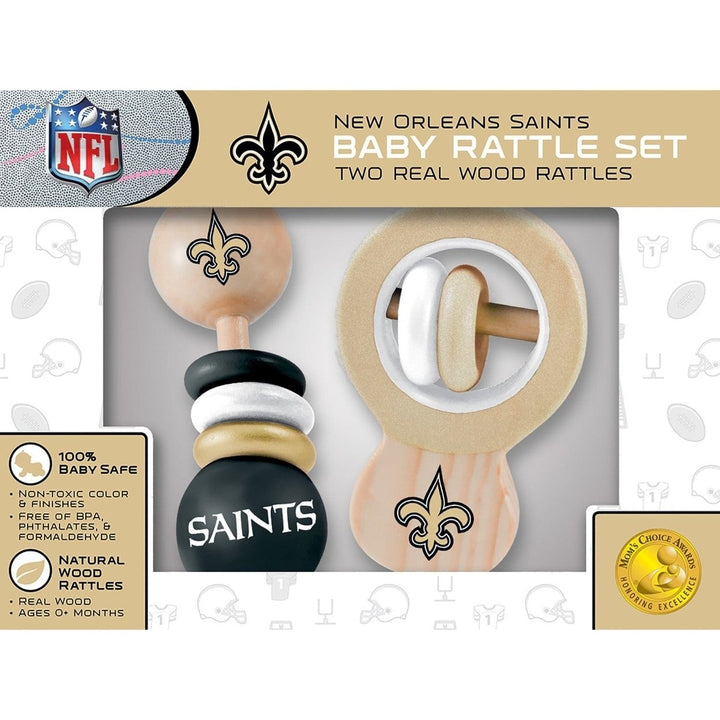 Orleans Saints Baby Rattles 2-Pack Wooden Non-Toxic Infant Toys Image 2