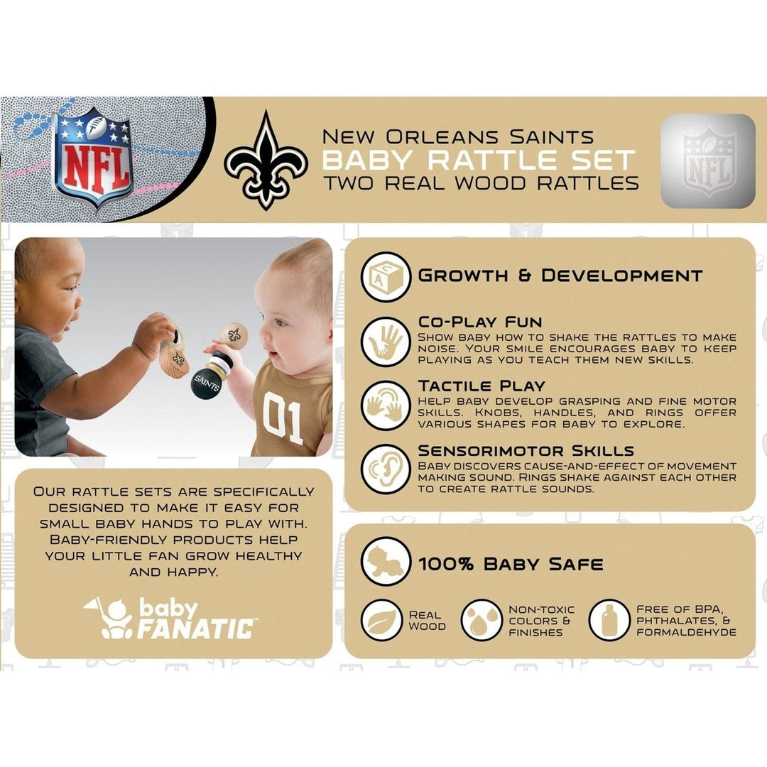 Orleans Saints Baby Rattles 2-Pack Wooden Non-Toxic Infant Toys Image 3