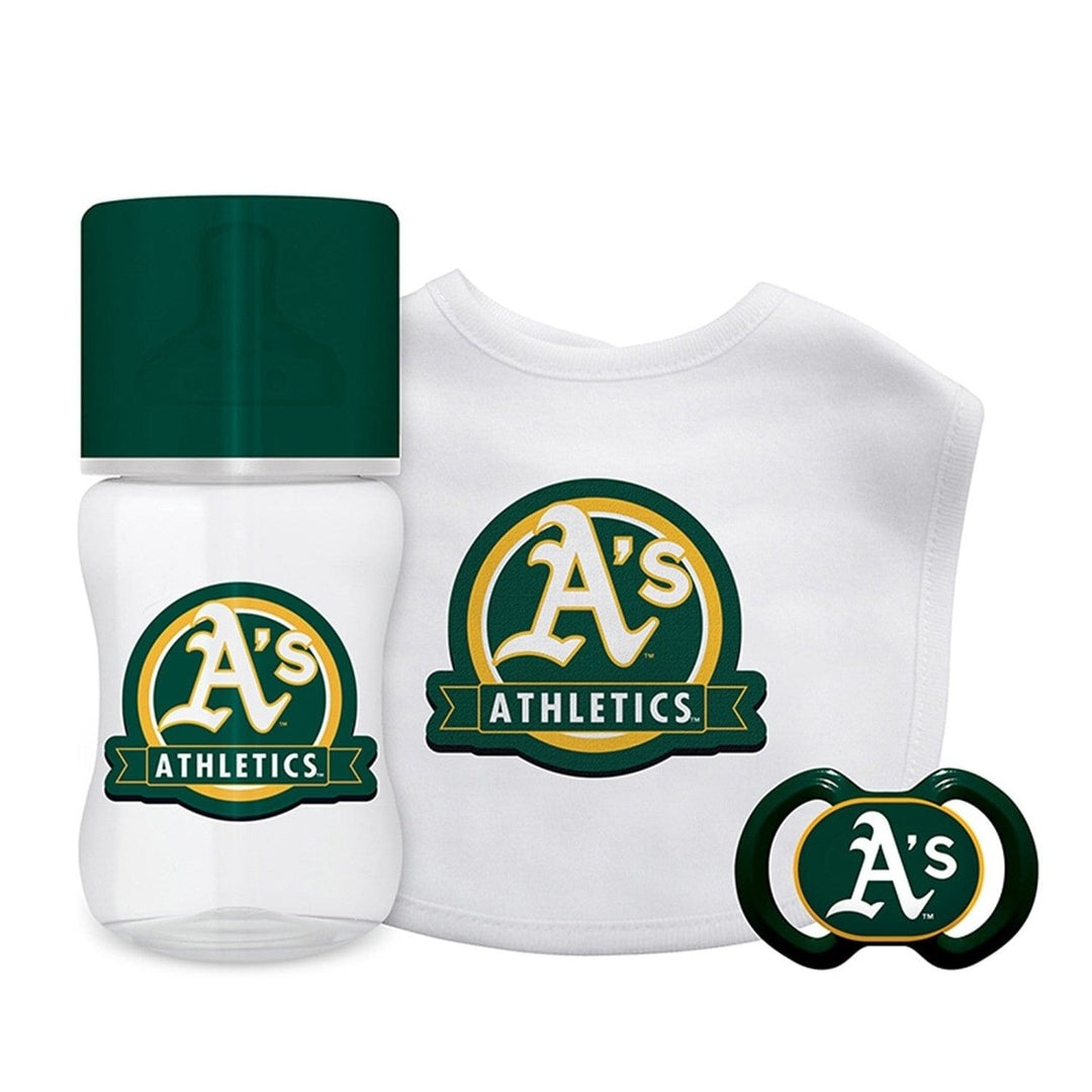 Oakland Athletics 3-Piece Baby Gift Set BPA-Free Bib Bottle Pacifier Unisex Image 1