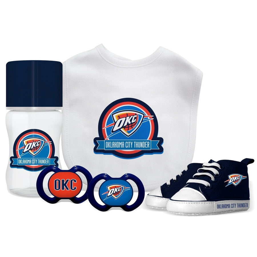 Oklahoma City Thunder 5-Piece Baby Gift Set Bib Bottle Shoes Pacifiers Unisex Image 1