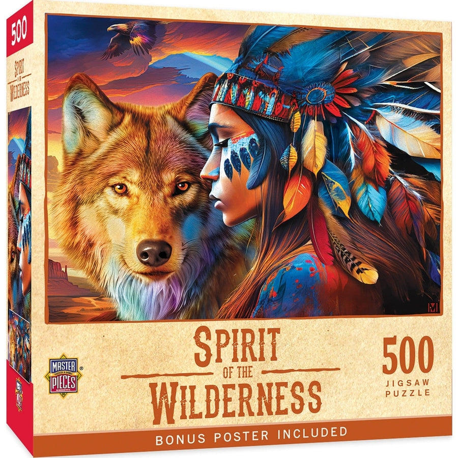 Tribal Spirit Wilderness 500 Piece Jigsaw Puzzle Native American Maiden Wolf Guide Image 1