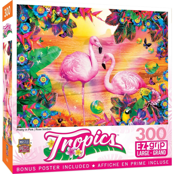 MasterPieces Tropics 300PC EZ Grip Jigsaw Puzzle Pretty in Pink Flamingos 18x24 Image 1