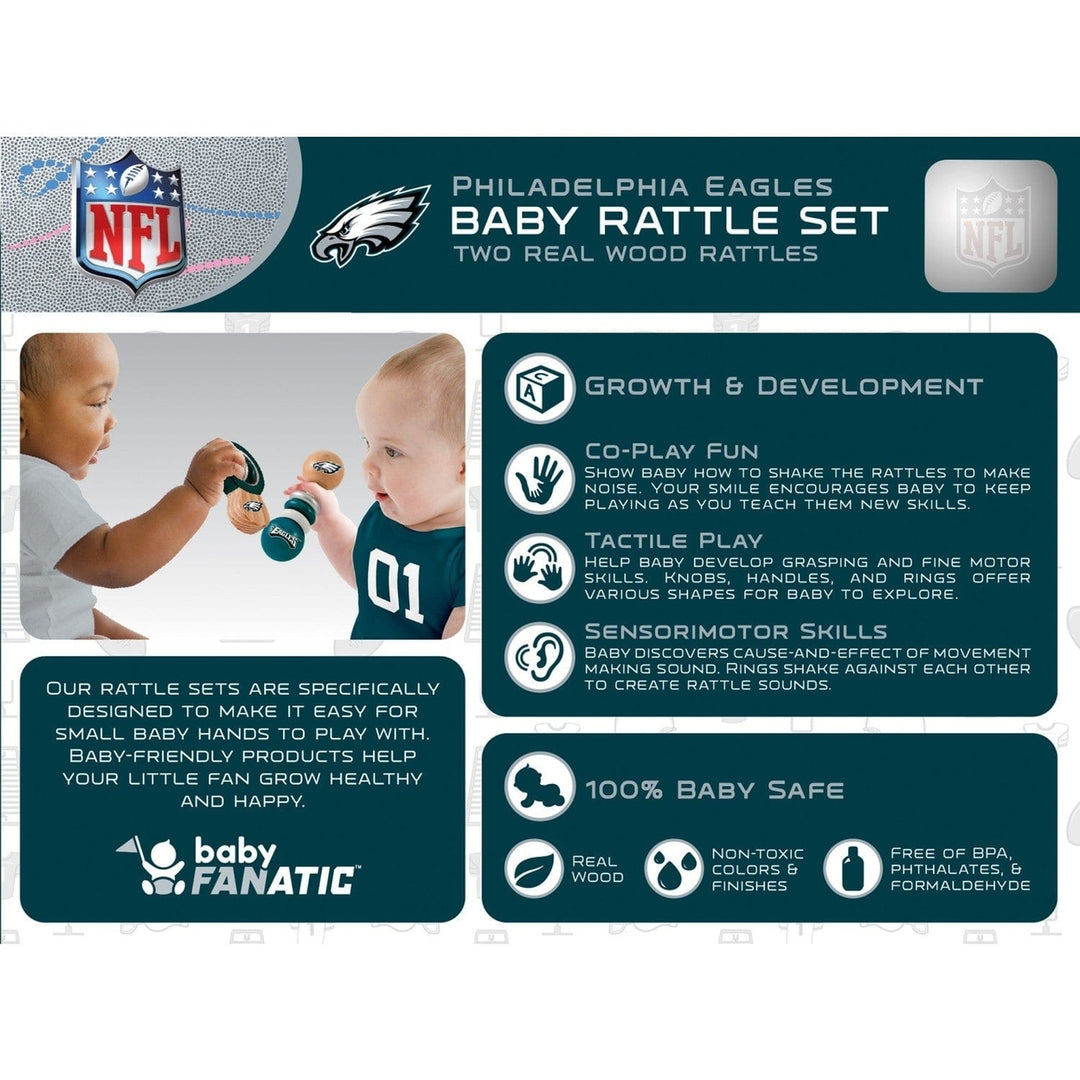 Philadelphia Eagles Baby Rattles 2-Pack Wooden Non-Toxic Infant Toys Image 3