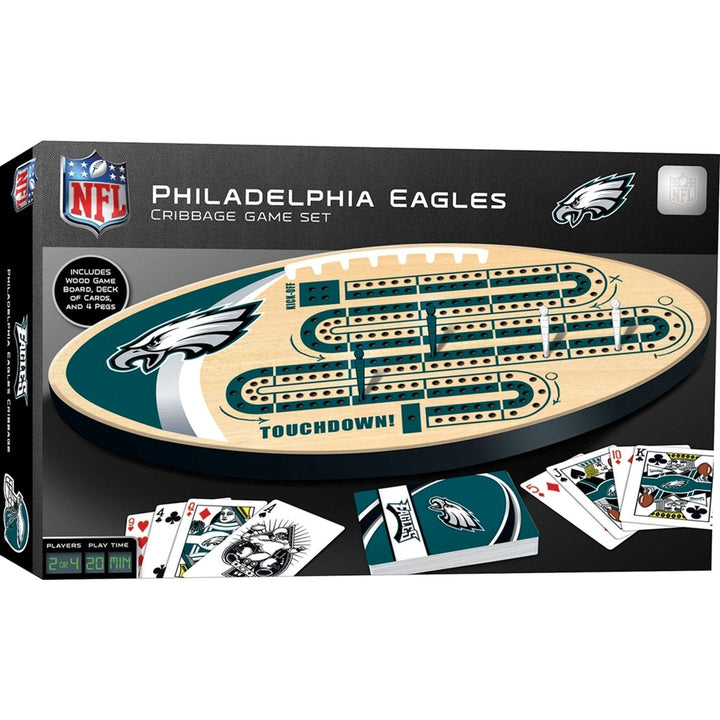 Philadelphia Eagles Cribbage Game Set Wood Football Board with Team Logos Image 1