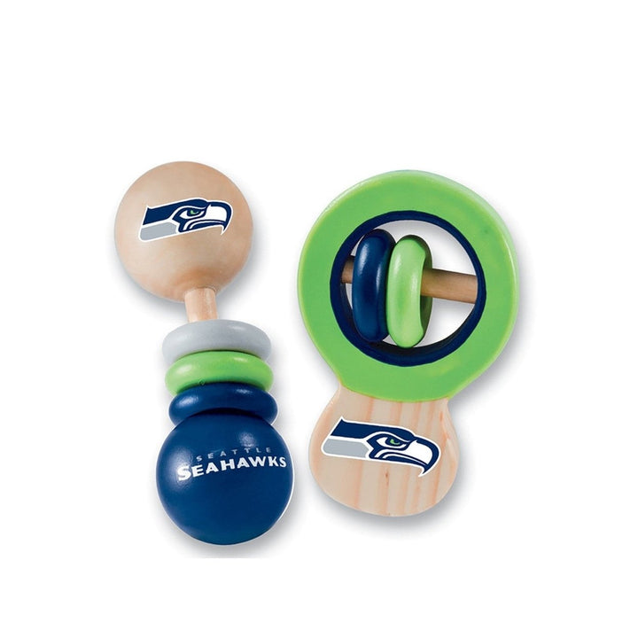 Seattle Seahawks Baby Rattles 2-Pack Wooden Non-Toxic Developmental Toys Image 1