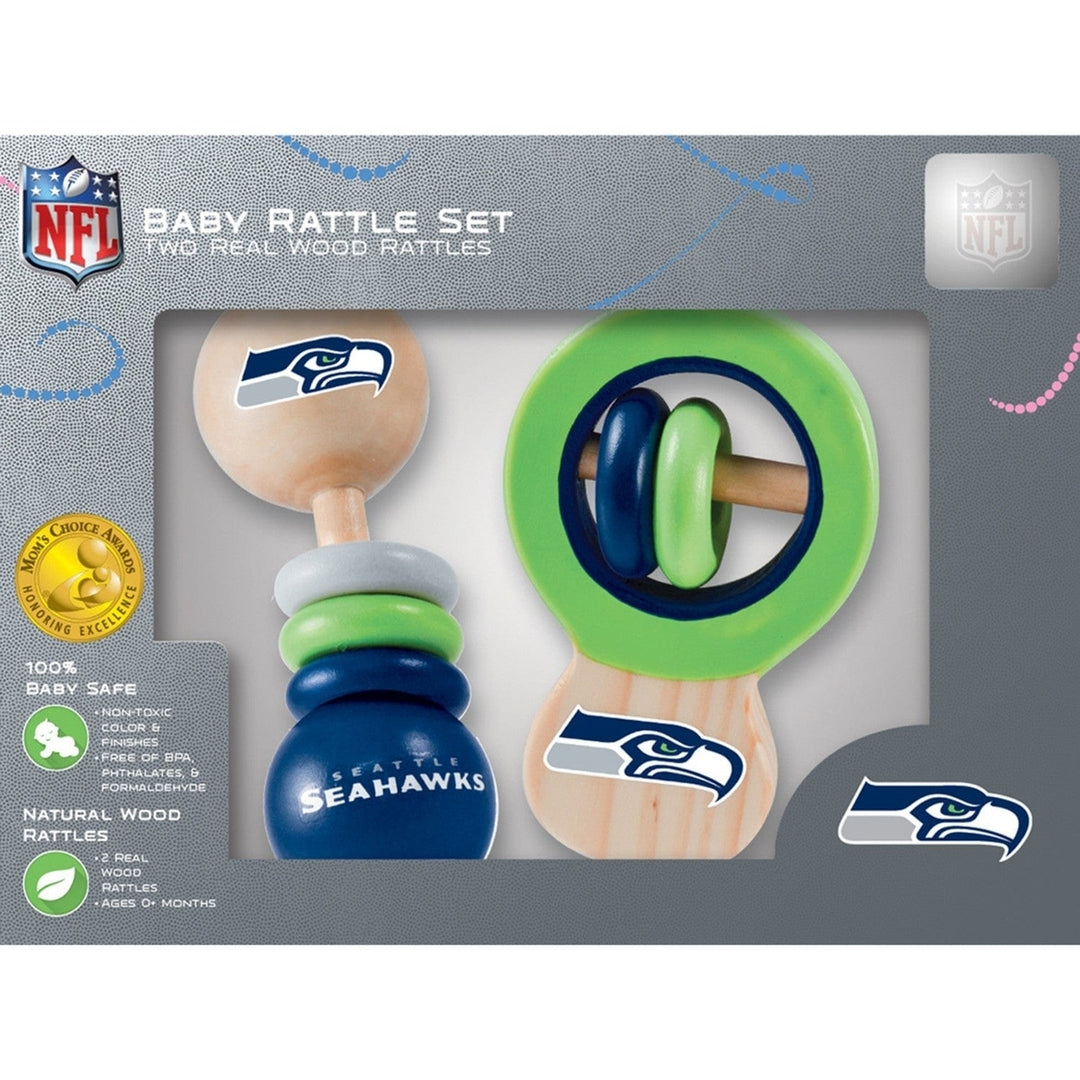 Seattle Seahawks Baby Rattles 2-Pack Wooden Non-Toxic Developmental Toys Image 2