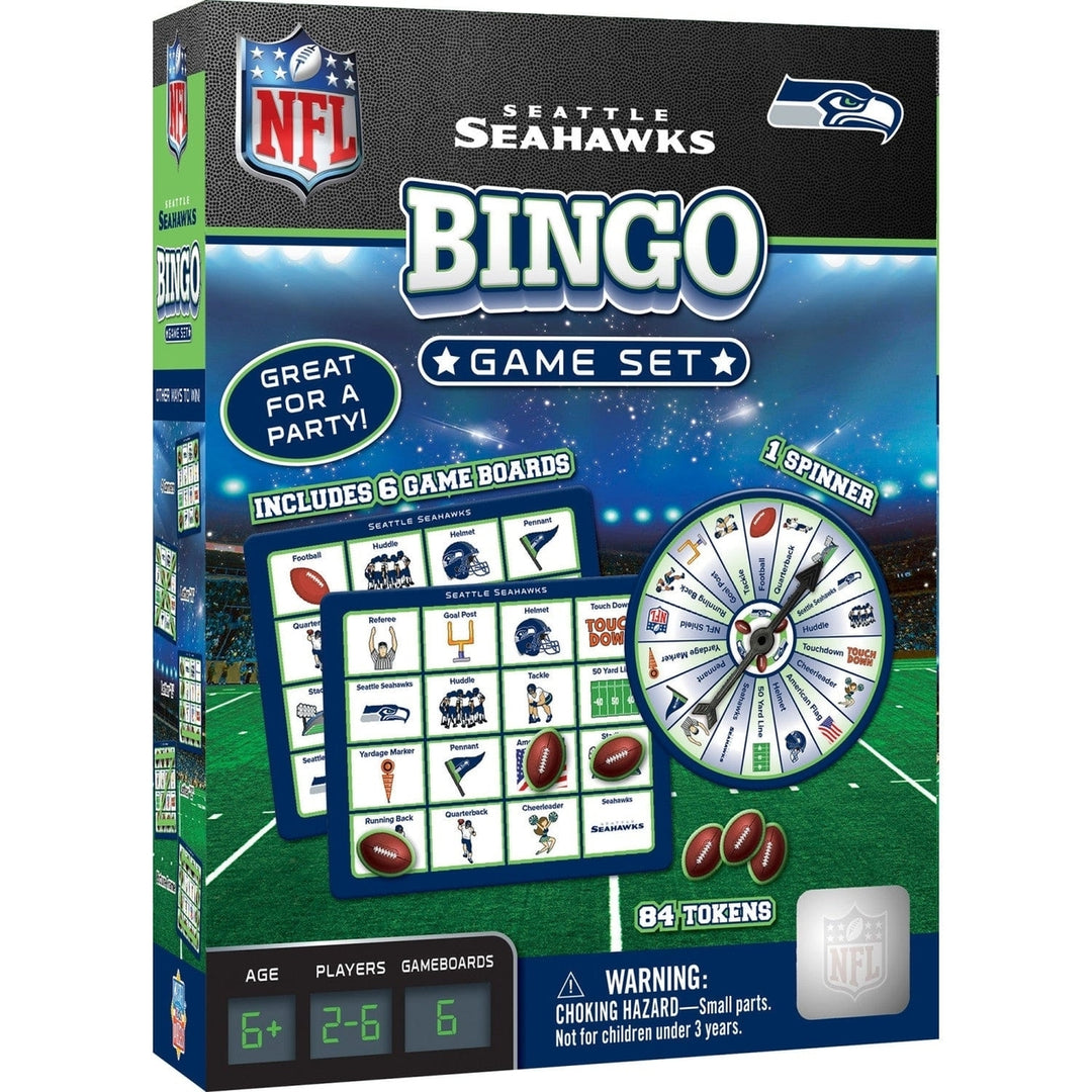 Seattle Seahawks Bingo Game NFL Family Fun with Spinner 6 Boards 84 Tokens Image 1