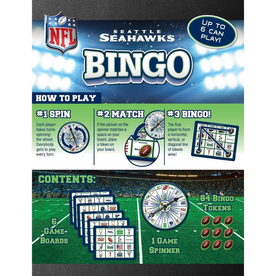 Seattle Seahawks Bingo Game NFL Family Fun with Spinner 6 Boards 84 Tokens Image 3