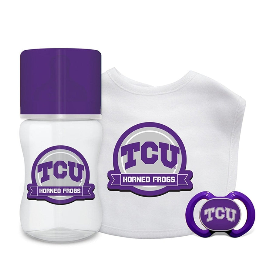 TCU Horned Frogs 3-Piece Baby Gift Set Unisex BPA-Free Cotton Bib Bottle Pacifier Image 1