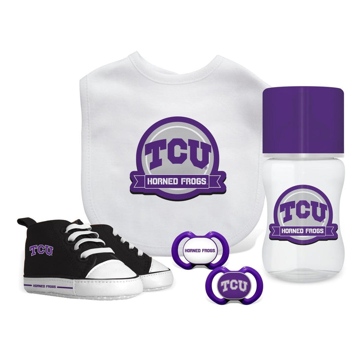 TCU Horned Frogs 5-Piece Baby Gift Set Bib Bottle High-Top Shoes Pack of 2 Pacifiers Image 1