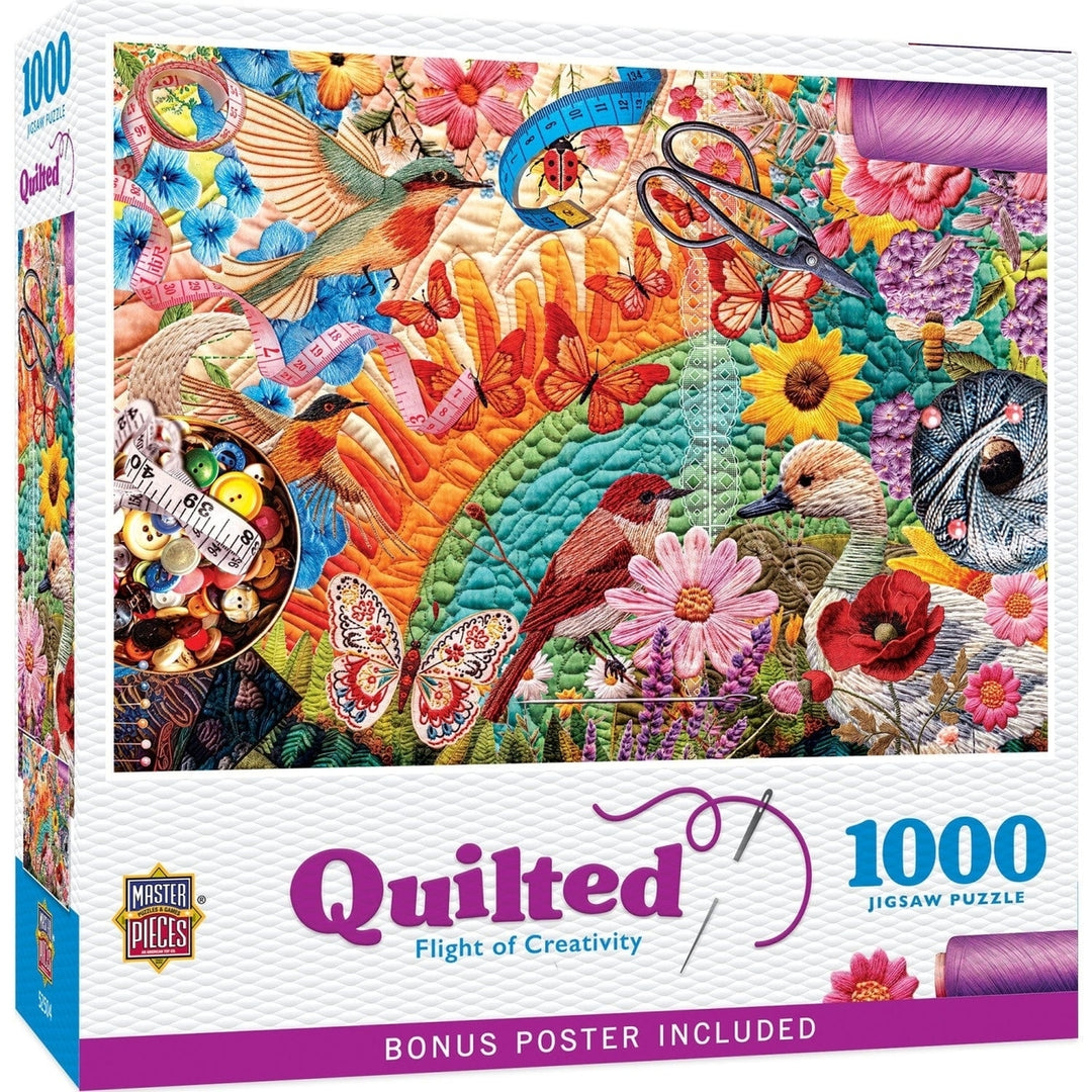 Quilted 1000 Piece Puzzle Flight of Creativity Colorful Quilters Table Scene Image 1