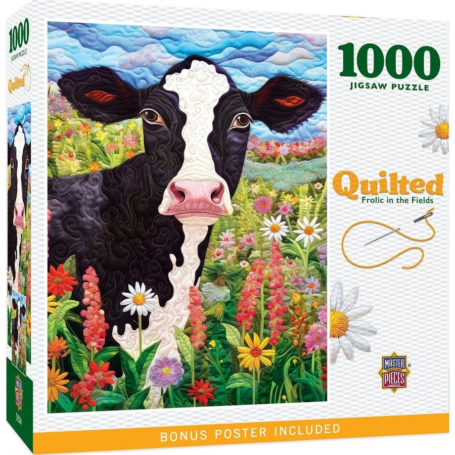 Quilted 1000 Piece Puzzle Frolic in the Fields Cow Patchwork Art Gift Image 1