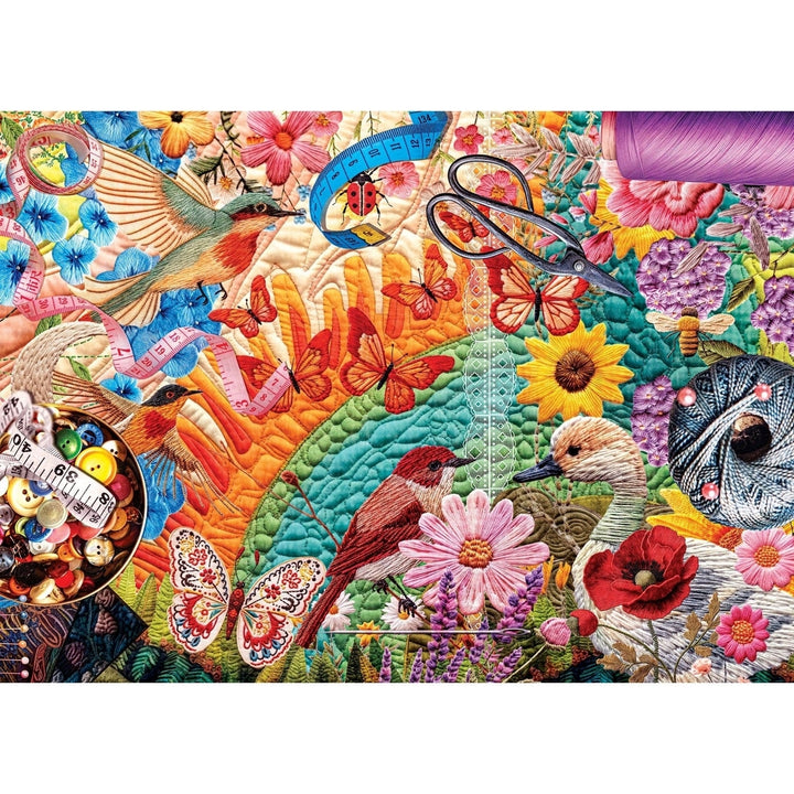 Quilted 1000 Piece Puzzle Flight of Creativity Colorful Quilters Table Scene Image 2