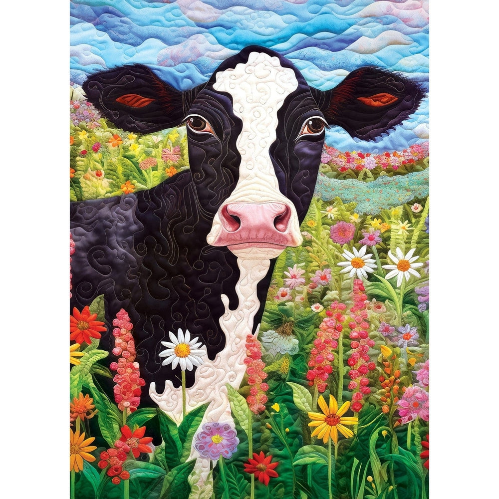 Quilted 1000 Piece Puzzle Frolic in the Fields Cow Patchwork Art Gift Image 2