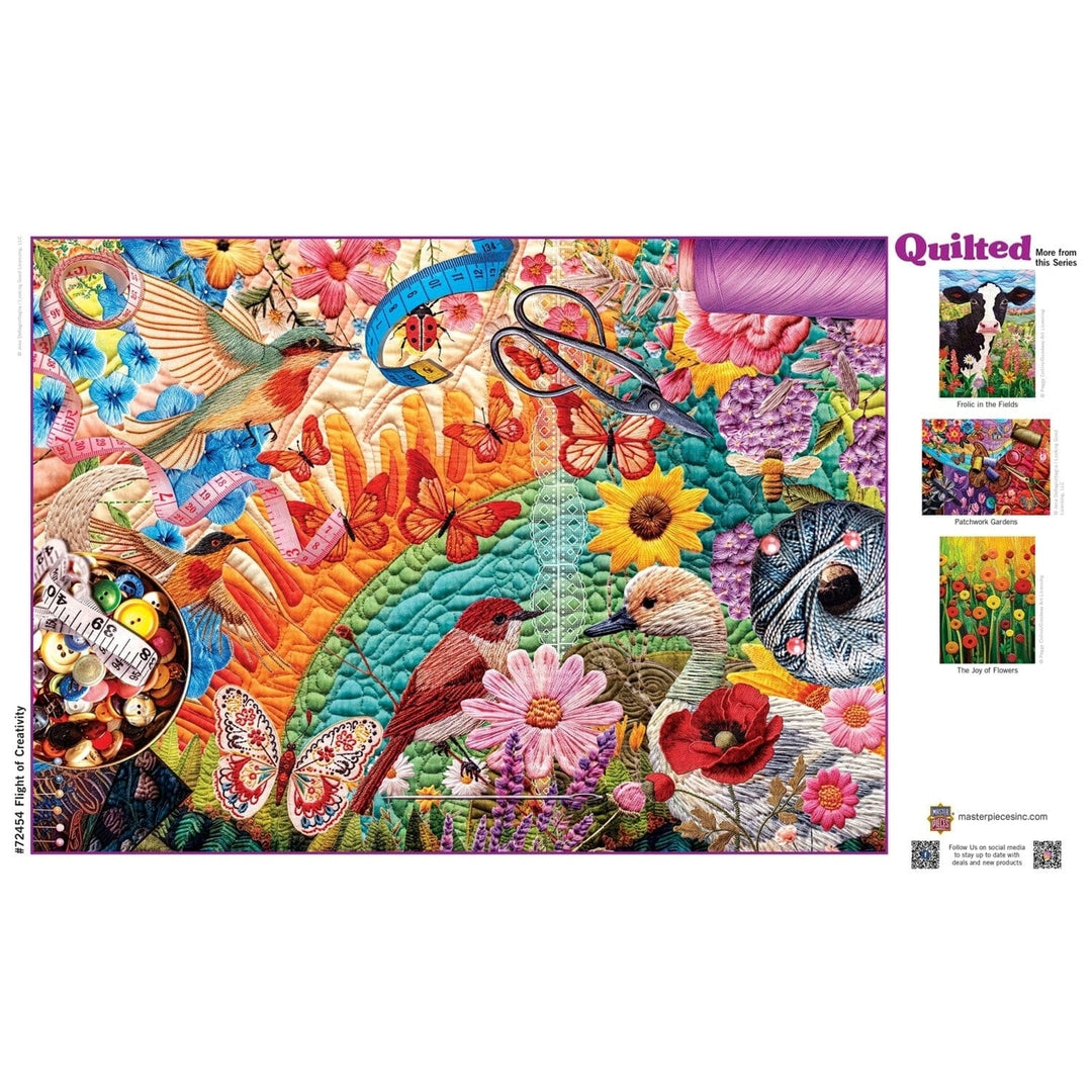 Quilted 1000 Piece Puzzle Flight of Creativity Colorful Quilters Table Scene Image 4