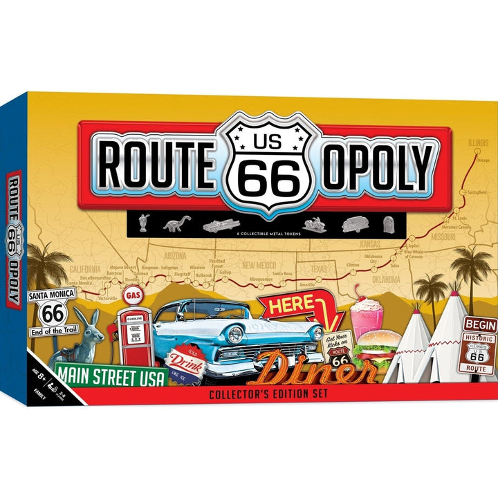 Route 66 Opoly Board Game for 2-6 Players Ages 8 Retro Travel Collectible Tokens Image 1