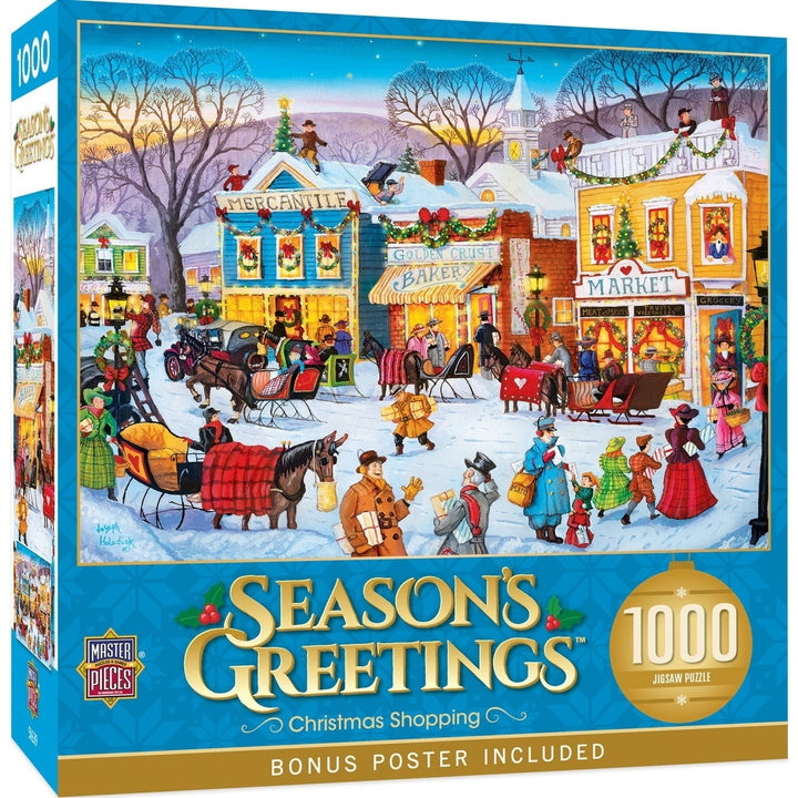 Seasons Greetings Christmas Puzzle 1000 Piece Town Square Holiday Shopping Image 1