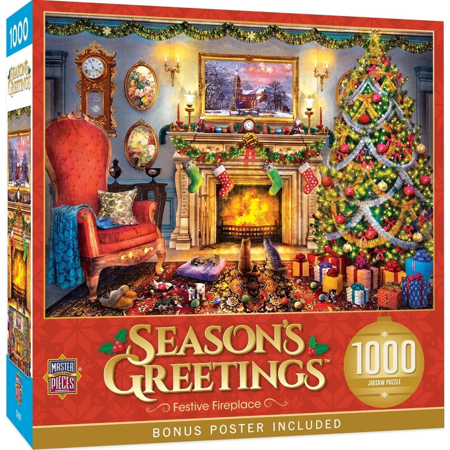 Festive Fireplace 1000 Piece Jigsaw Puzzle Cozy Christmas Living Room Scene Image 1