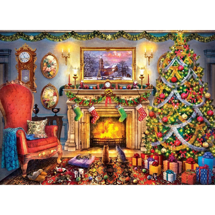 Festive Fireplace 1000 Piece Jigsaw Puzzle Cozy Christmas Living Room Scene Image 2