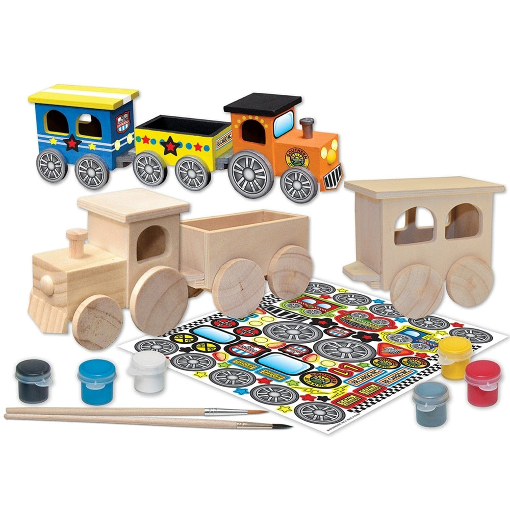 Wood Toy Train Craft and Paint Kit Non-Toxic Paints Brushes Sticker Sheet Image 2