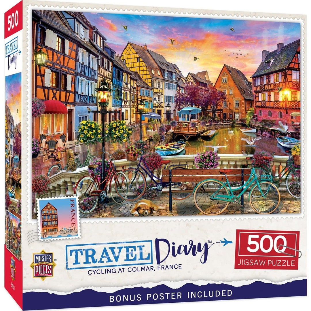 Colmar Cycling 500 Piece Jigsaw Puzzle Travel Diary Scenic Bridge Canal Sunset Image 1