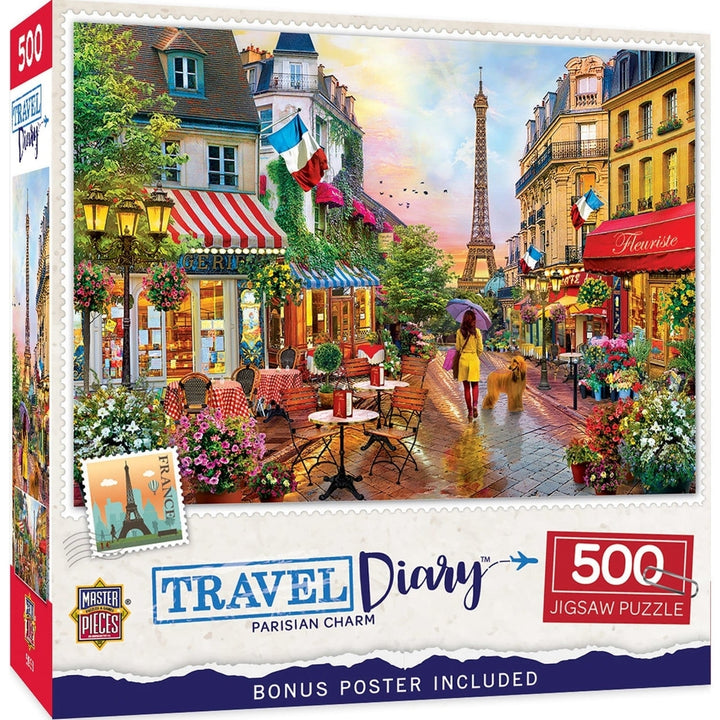 Parisian Charm 500 Piece Jigsaw Puzzle Travel Diary Eiffel Tower Street Scene Image 1