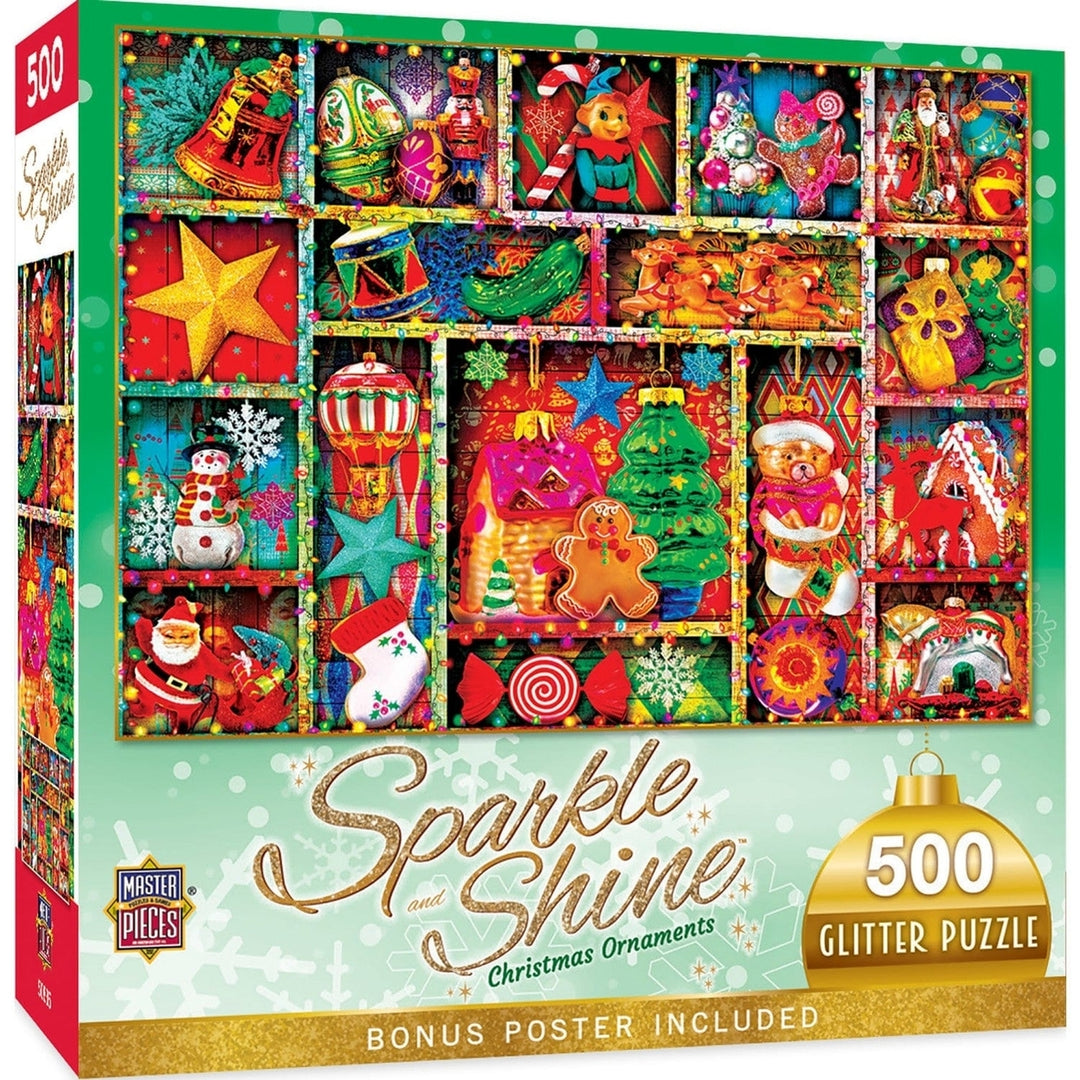 MasterPieces 500pc Christmas Ornaments Glitter Jigsaw Puzzle 15x21 Holiday Fun Image 1