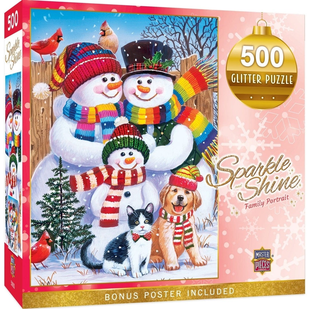 MasterPieces 500 Piece Glitter Jigsaw Puzzle Holiday Snowmen Family Portrait 15x21 Image 1