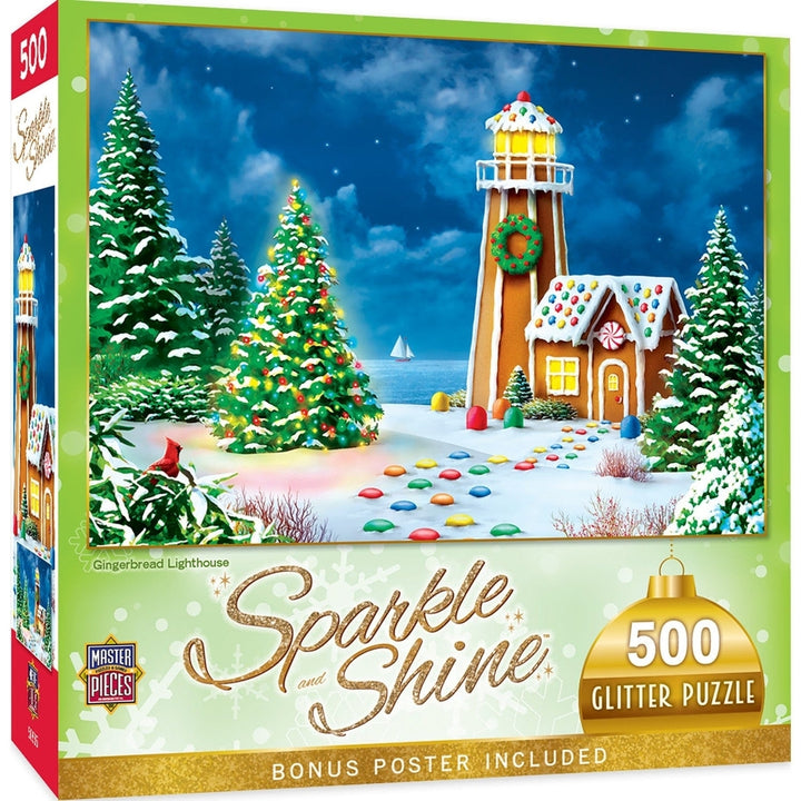 MasterPieces Gingerbread Lighthouse 500pc Glitter Jigsaw Puzzle Holiday Fun Image 1