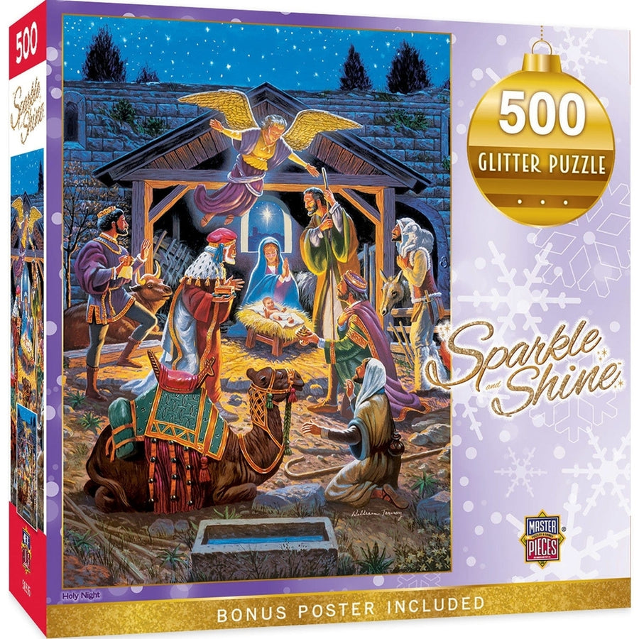 MasterPieces Holy Night 500 Piece Glitter Jigsaw Puzzle 15x21 Recycled Material Image 1