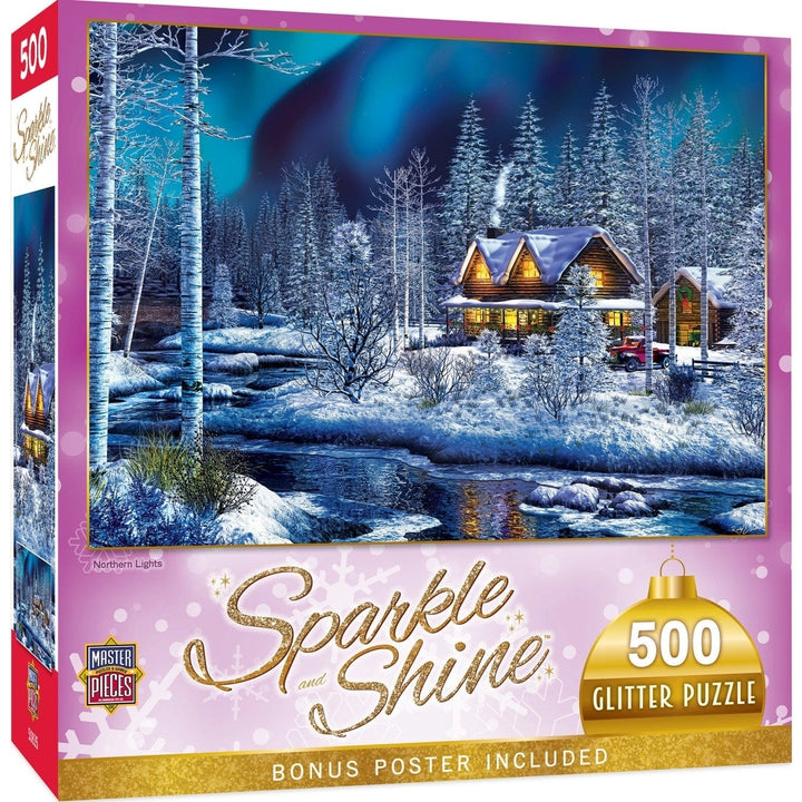 MasterPieces 500 Piece Glitter Puzzle Northern Lights Holiday 15x21 Recycled Chipboard Image 1