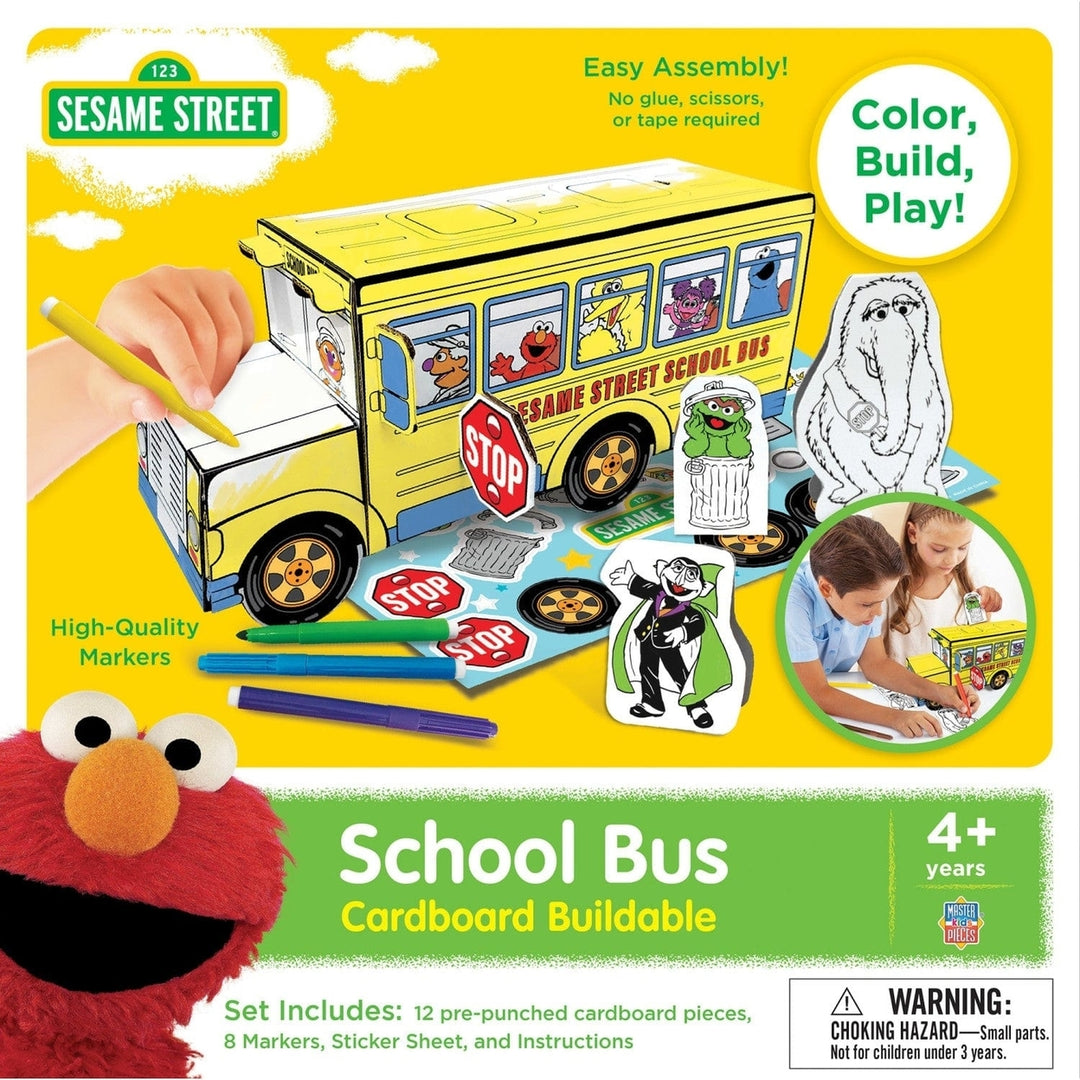 Sesame Street School Bus Craft Kit Cardboard Buildable with Markers 10.5in Image 1