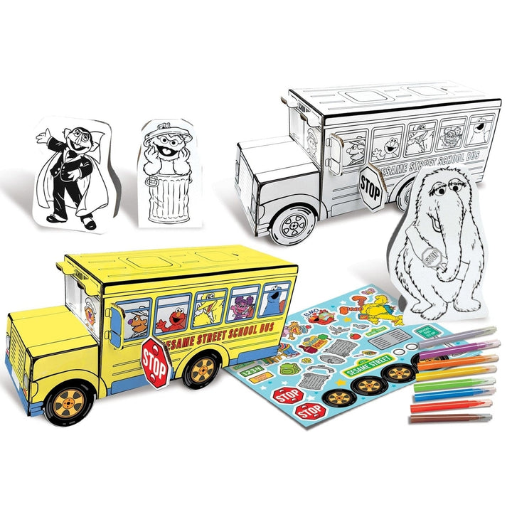 Sesame Street School Bus Craft Kit Cardboard Buildable with Markers 10.5in Image 2