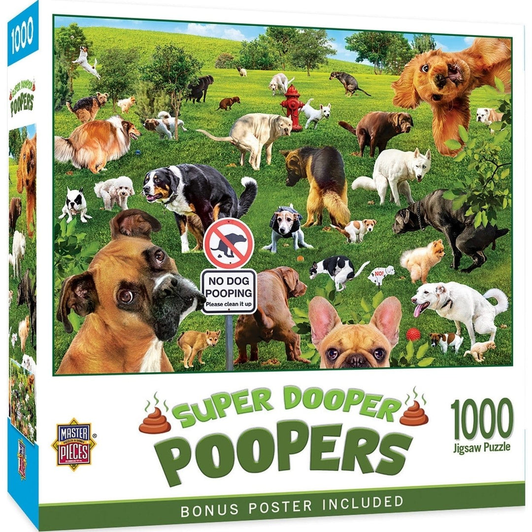 Super Dooper Poopers 1000 Piece Jigsaw Puzzle Eco-Friendly Cute Dog Park Scene Image 1