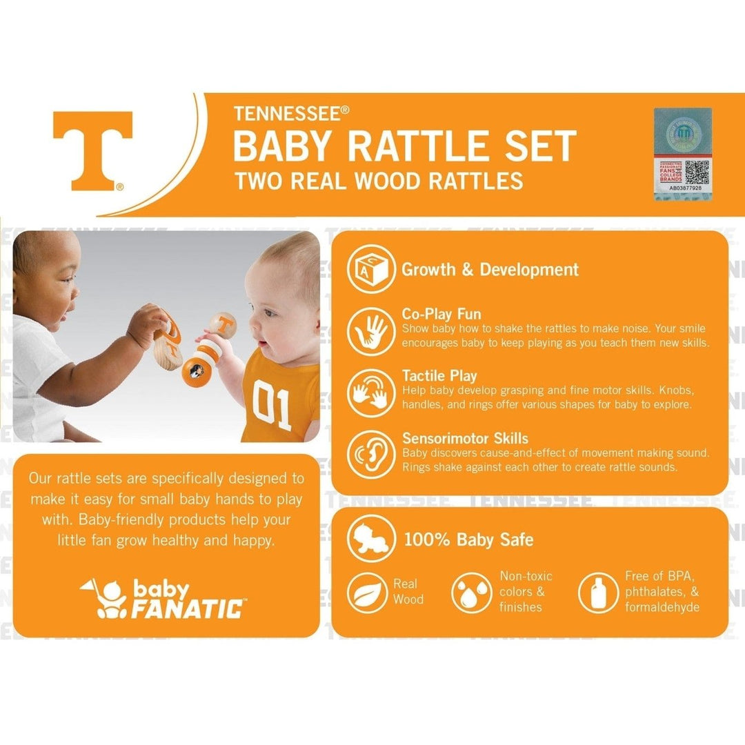 Tennessee Volunteers Baby Rattles Set 2 Pack Wooden Baby Safe Development Toys Image 3