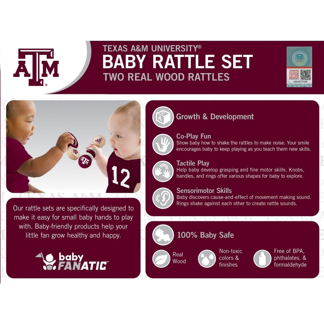 Texas AandM Aggies Baby Rattles 2-Pack Real Wood Non-Toxic Safety Toys Image 3