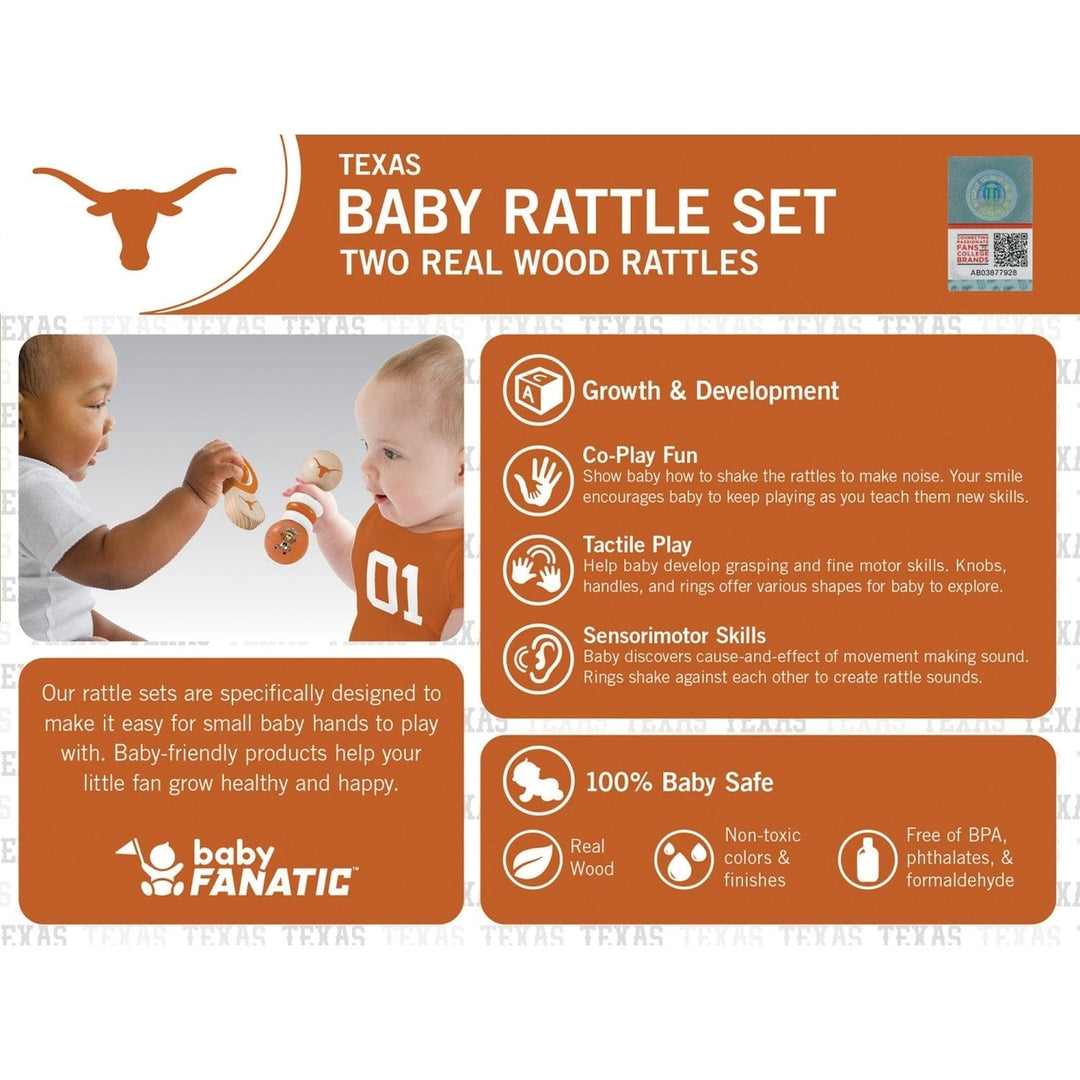 Texas Longhorns Baby Rattles 2-Pack Safe Wood Development Toys for Infants Image 3