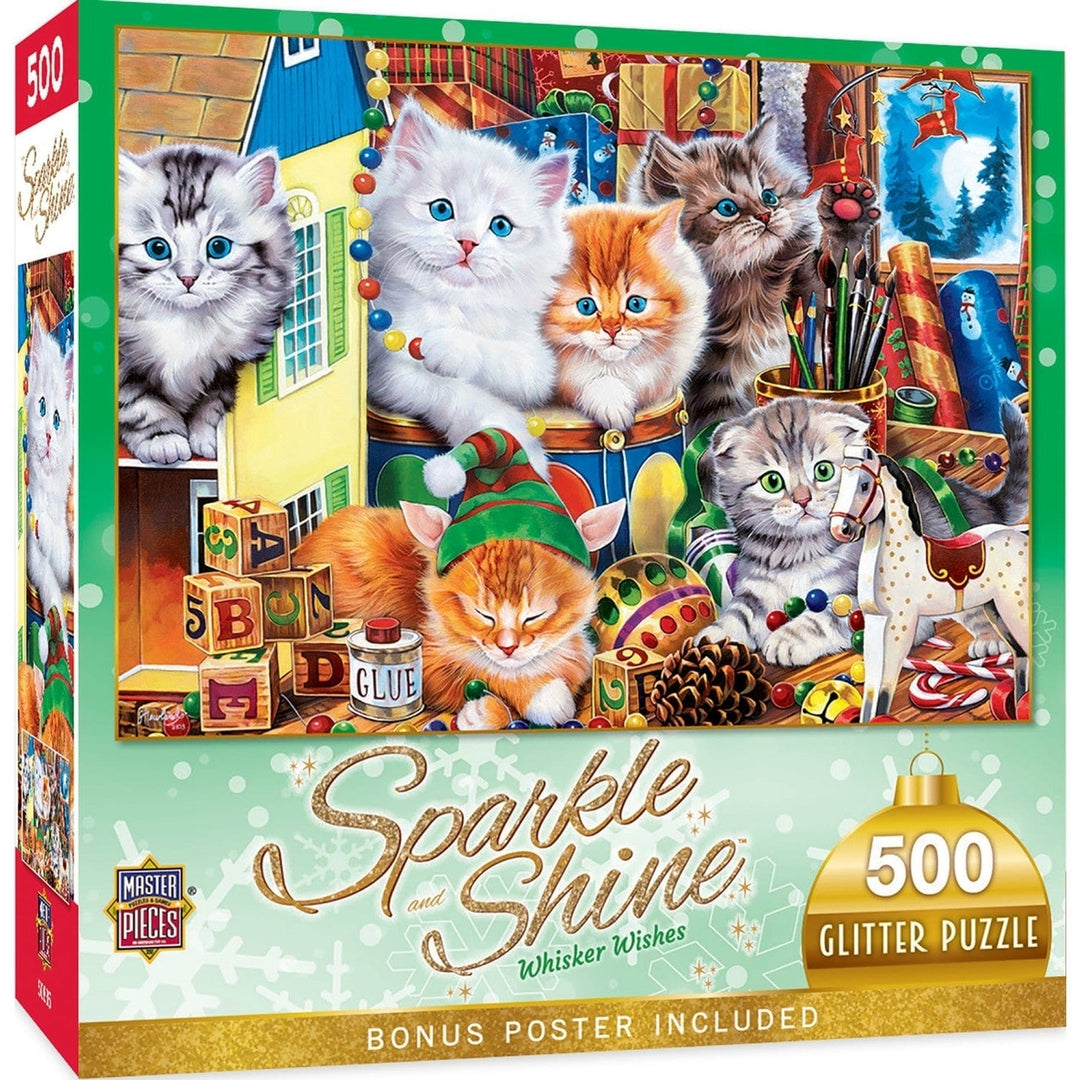 Sparkle and Shine Glitter Jigsaw Puzzle 500 Pieces Christmas Kittens Holiday Fun Image 1