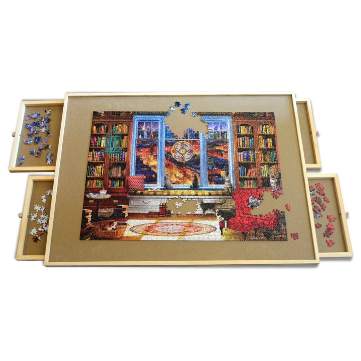 Wood Jigsaw Puzzle Table 27x35 Jumbo with Drawers and Translucent Cover Image 1