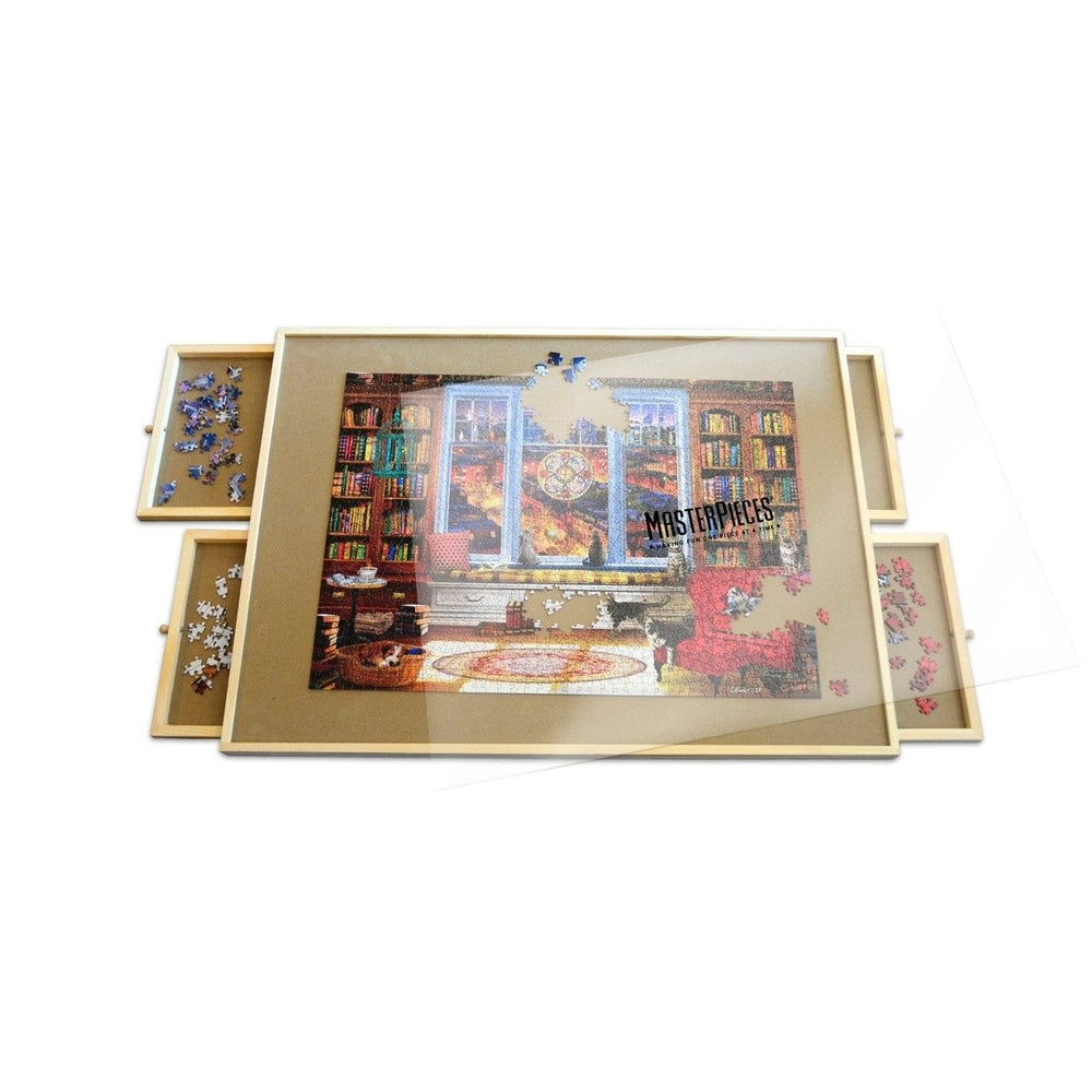 Wood Jigsaw Puzzle Table 27x35 Jumbo with Drawers and Translucent Cover Image 2