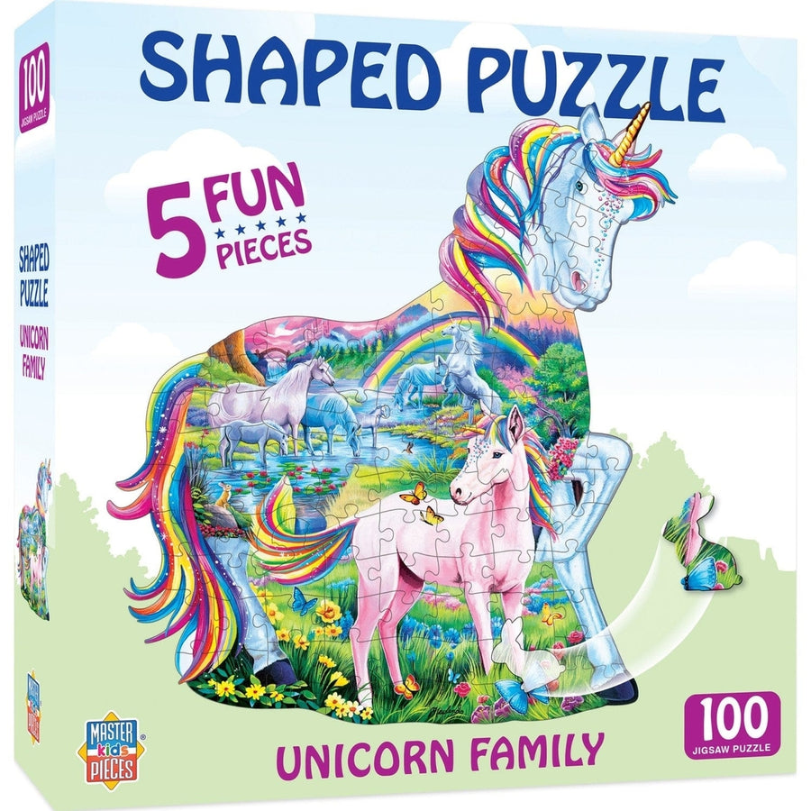 MasterPieces Unicorn Family 100 Piece Shaped Kids Jigsaw Puzzle Rainbow Design Image 1